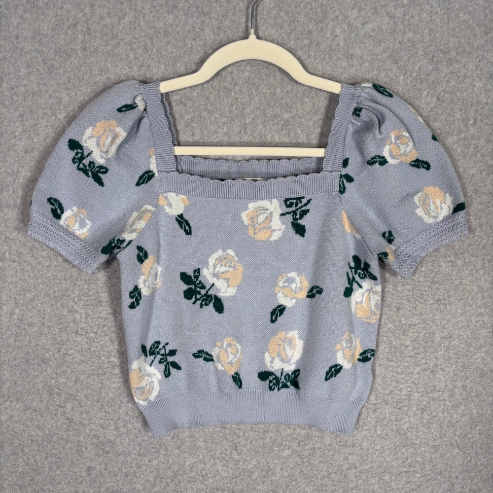 Willow & Wind Floral Sweater Top Small Blue Puff Sleeve Cottage Coquette Girly